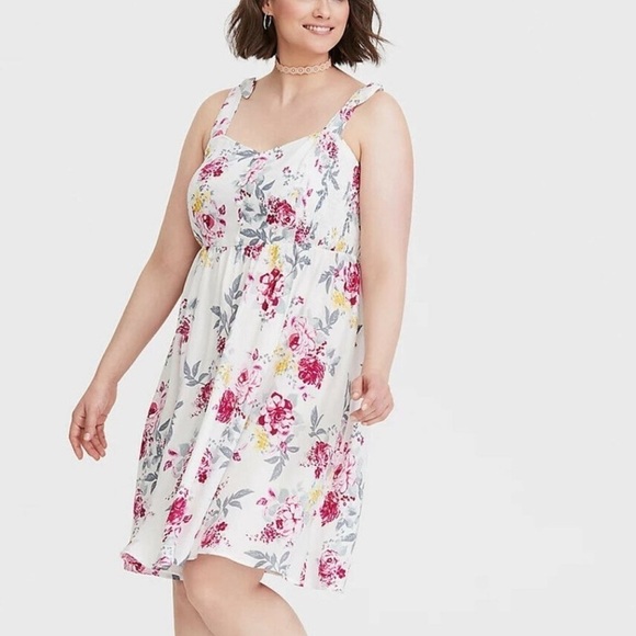 Torrid Size 0X Babydoll White Pink Yellow Floral Tie Shoulder Dress Retro Summer - Picture 1 of 6